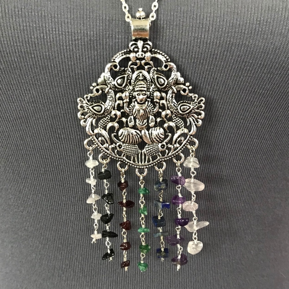 Dancing Shiva Handmade 2-Layer Boho Hindu Silver Necklace Rainbow Chakra Stones - Picture 3 of 16